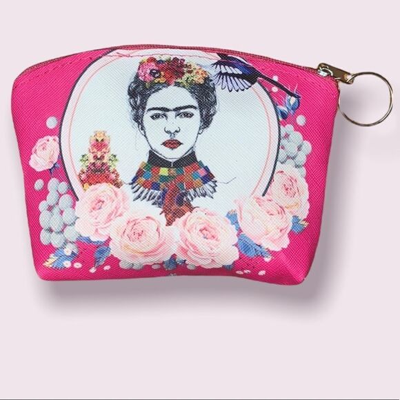 Frida Kahlo Portrait Mexican Pink Floral Zipper Keychain Coin Purse Mini Bag - Picture 1 of 7
